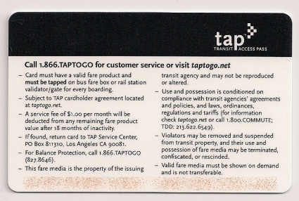 LACMTA (Metro) TAP (Transit Access Pass) RFID card (reverse side) TAP Card - LA - reverse 02.jpg
